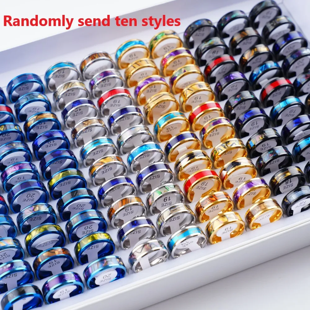 

20pcs/lot Fashion Sparkling Multicolor Shell Stainless Steel Rings For Women Men Mix Style Wedding Party Finger Jewelry