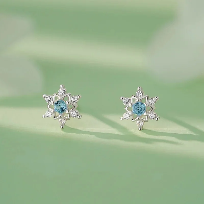 Hot-Sale S999 Silver Hollow Snowflake Earrings Sky Blue Zircon Crystal Simple Earrings Women'S Daily Accessories Jewelry