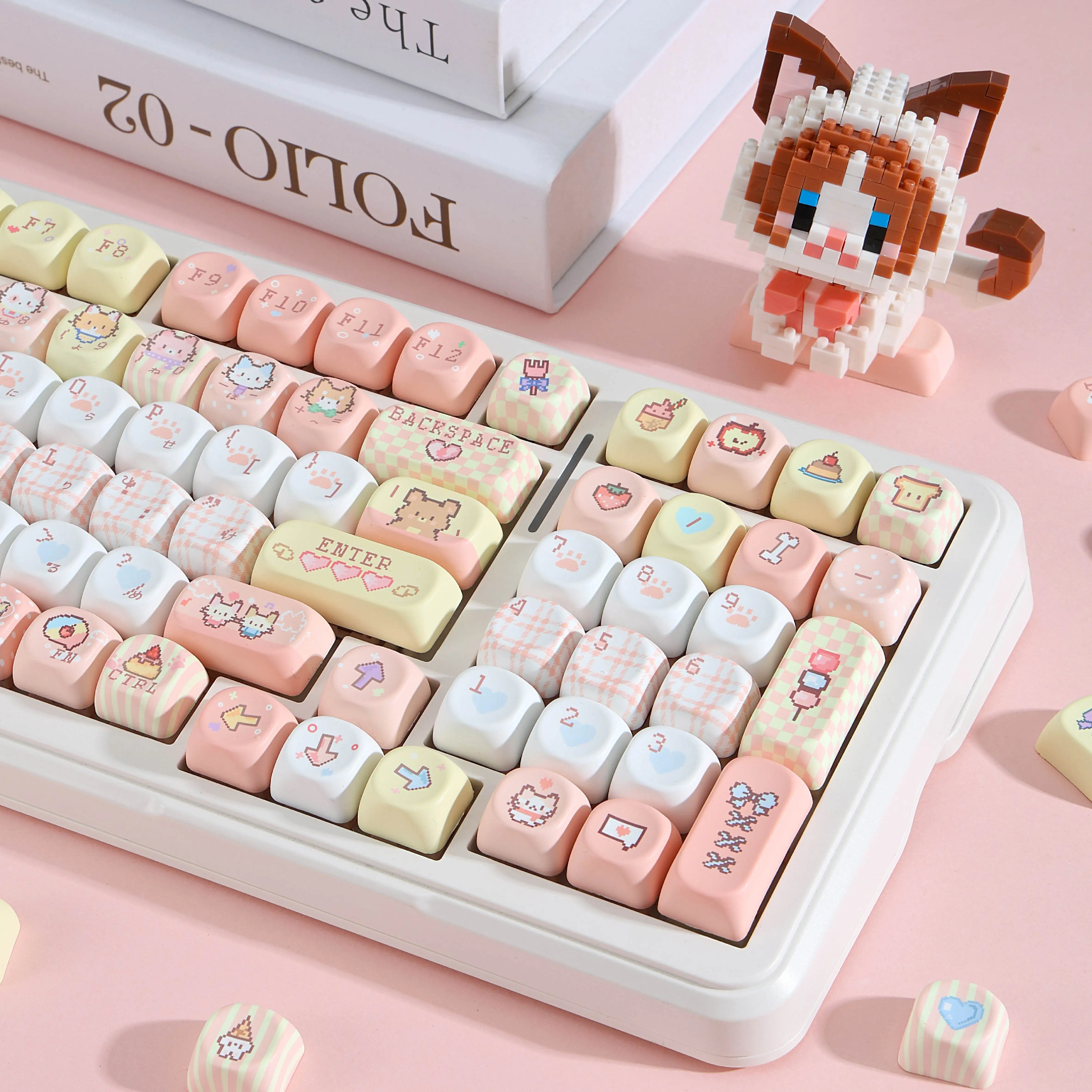 MAIMOOO Pixel Cat Cute Keycap MOA Profile PBT Dye Sublimation Kawaii Pink Kitten Keycaps for 68/75/87/98/104 Mechanical Keyboard
