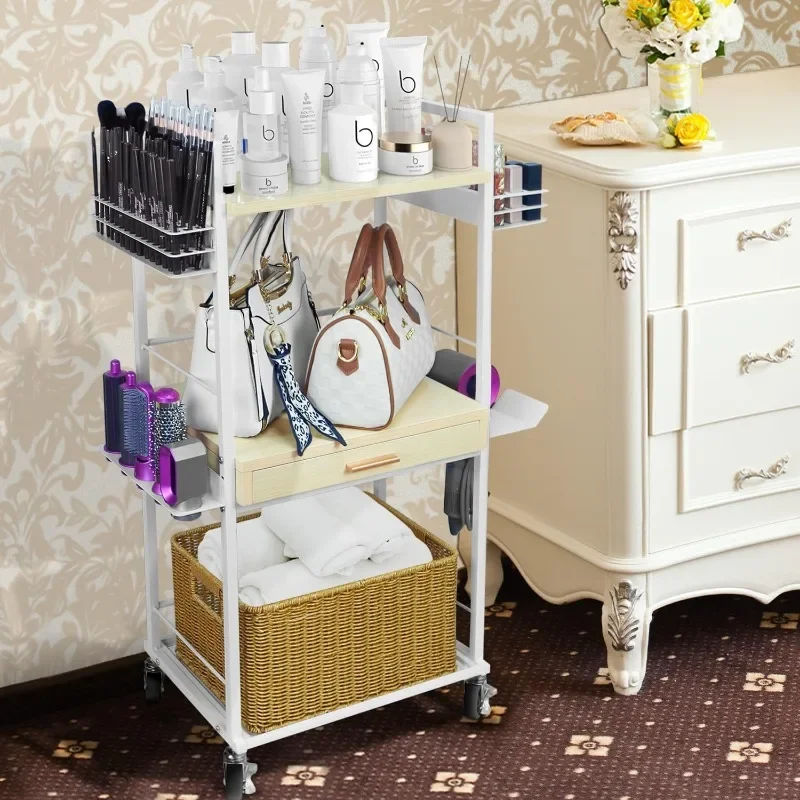 

Rolling Makeup Organizer Cart with Wheels & Wood Drawers - Portable Beauty Storage Cart with Side Hooks for Hair Dryer