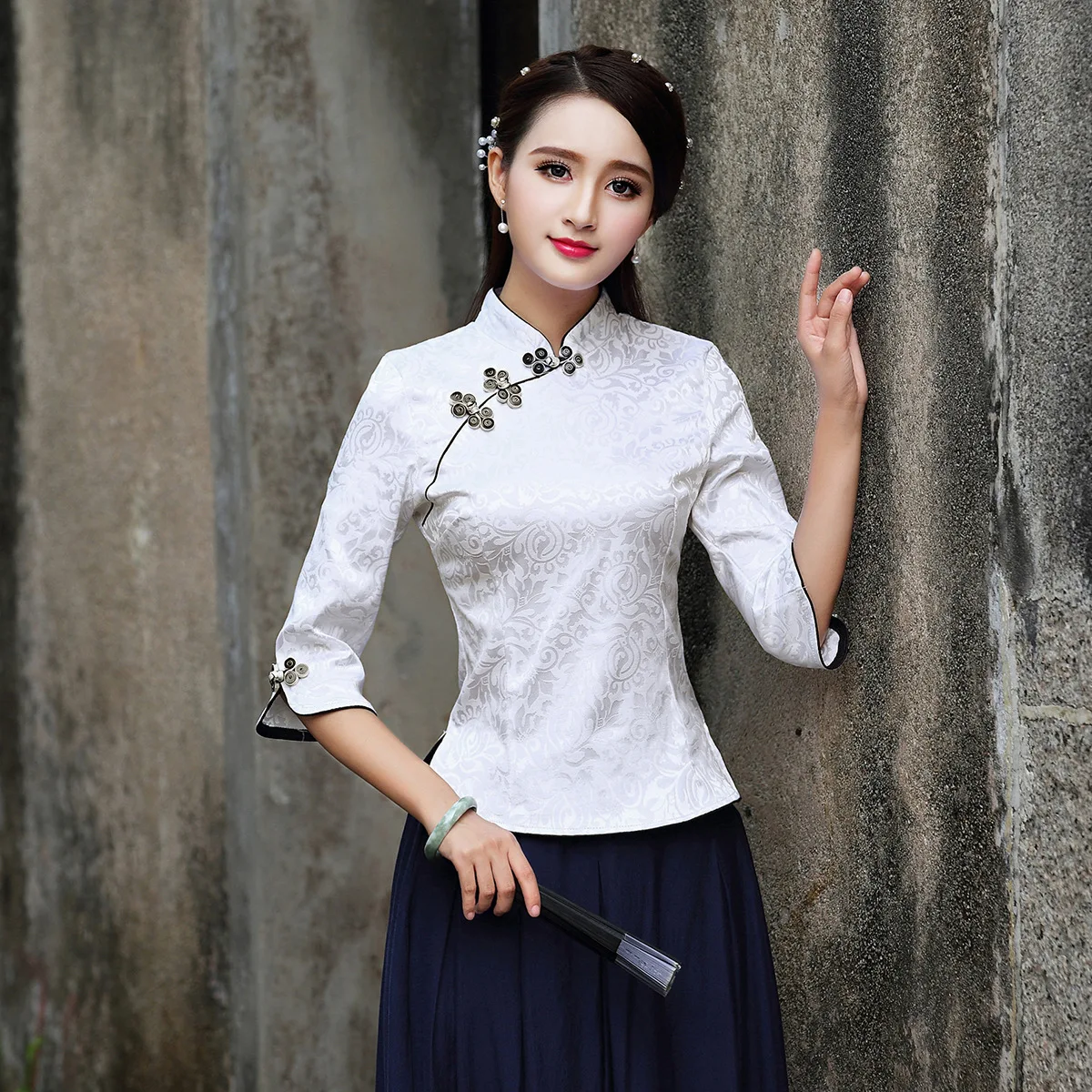 Vintage Blouse Satin Women Oriental Tops Retro Mandarin Collar Coat Print Floral Shirt Traditional Chinese Tang Clothing