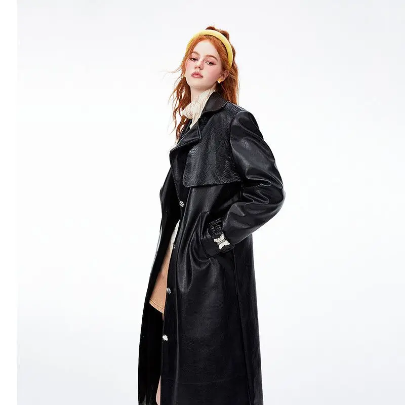 

Women's PU Leather Trench Coat Lapel Collar Longline Trenchcoat Belted Jacket Chic Streetwear Premium Outerwear