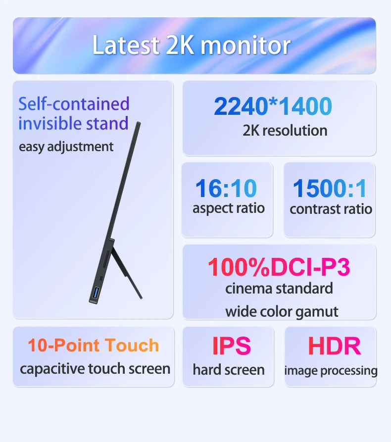 14 Zoll 2K tragbarer Monitor 2240*1400 16:10 100 % DCI-P3 HDR 500Cd/m2 Display-Spielbildschirm für Laptop Mac Phone Xbox PS4/5 Switch – Detail 5