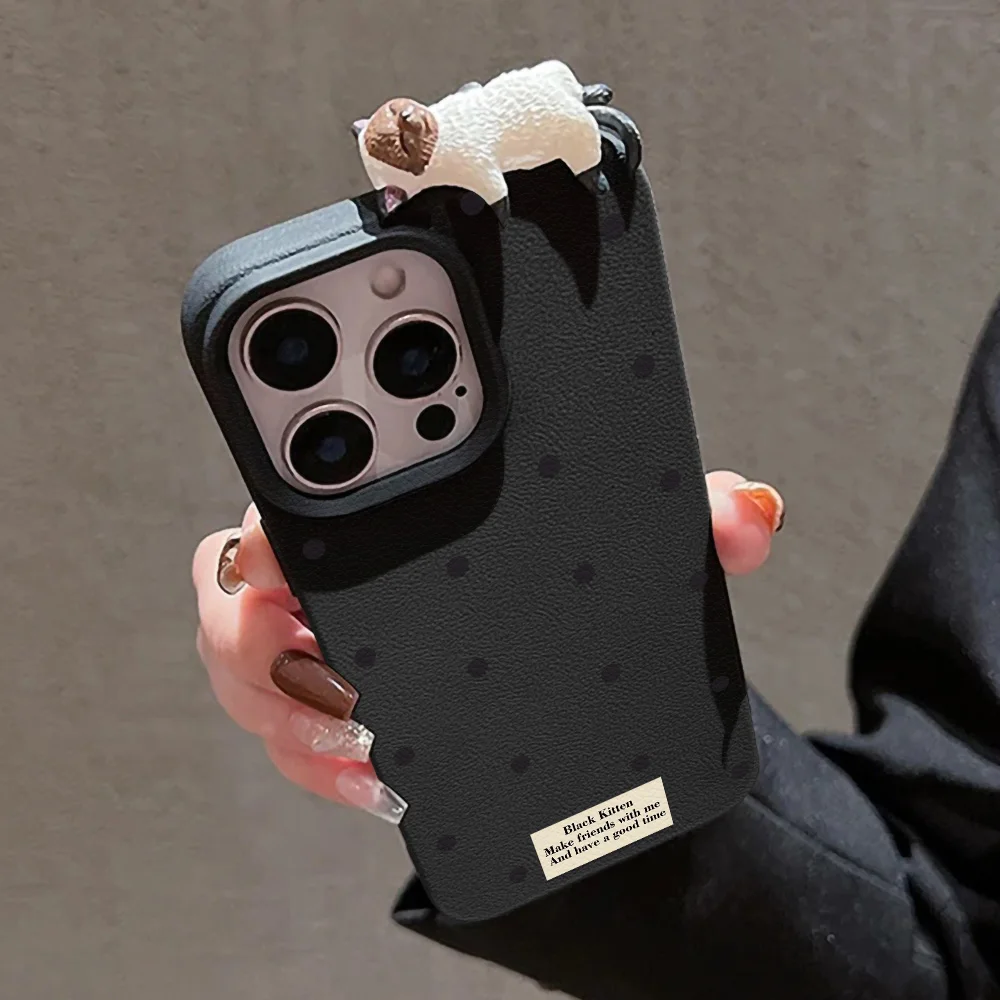 3D liegende Katze Leder Handyhülle für iPhone 17 Pro Max 11 16 15 12 13 14 Plus Air Soft stoßfest schwarz Polka Dots Cover Funda