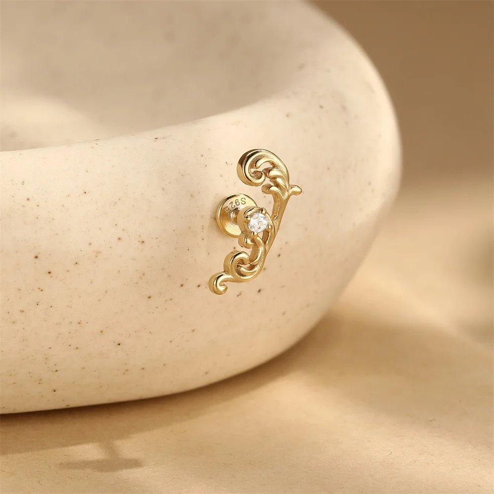 ROXI 1PC Gold S925 Silver Scroll CZ Cartilage Stud Vintage Curve Tragus Piercing Ins Dainty Earring Daily Wear