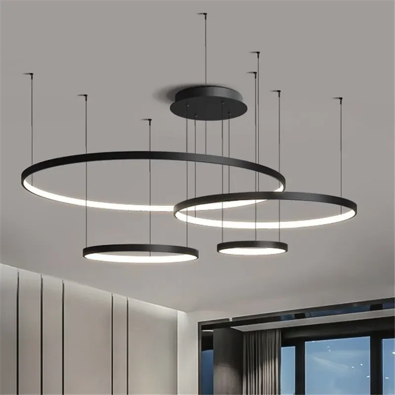 Modern Annular LED Pendant Lights for Living Dining Room Food Tables  Kitchen Hall Black Chandelier Home Decor Light Fixture