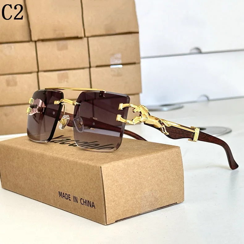 Holzmaserung Sonnenbrille Damen Trendy 2024 Randlose Sonnenbrille Herren Vintage Designer Mode-Brillen Lentes De Sol Mujer Zonnebril – Detail 2