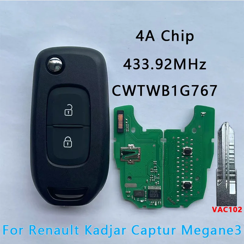 

FCC ID:CWTWB1G767 подходит для Renault 2013-2017 Kadjar Captur Megane3 433 МГц 4A чип 2 кнопки VAC102 лезвие откидной дистанционный ключ