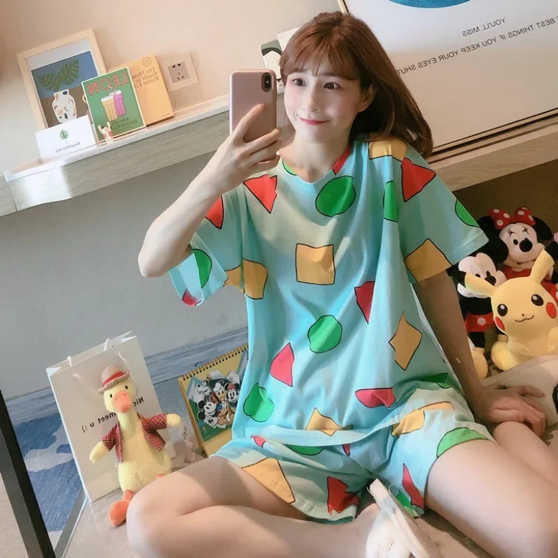 Anime Crayon Shin-chan Home Suits Sleepwear Women Pyjama Short Sleeve Pajamas Set 2023 2PCS Pj Sets Loungewear Button-Down Gift