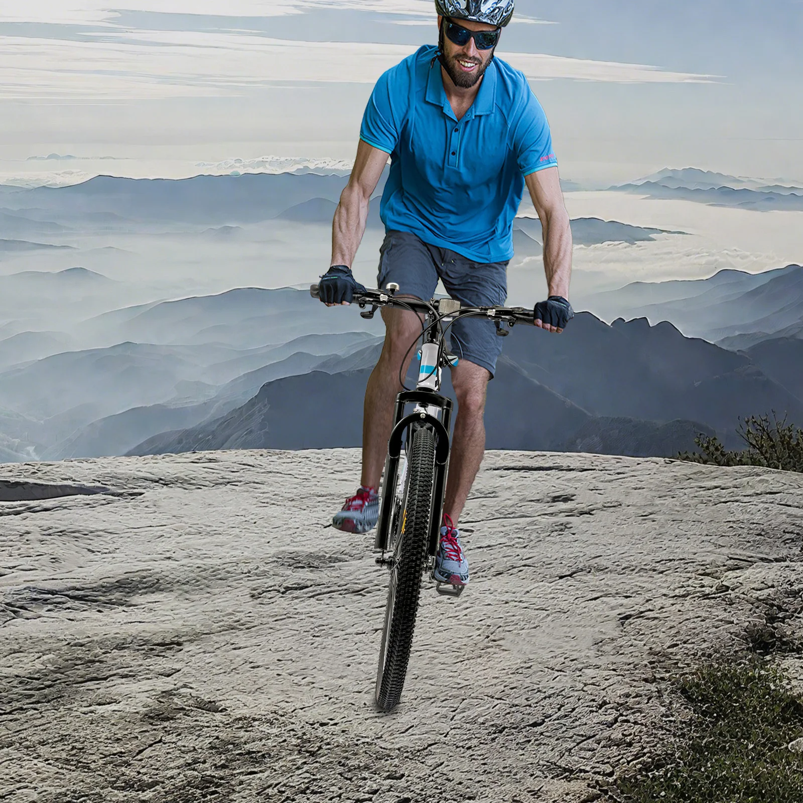 Mountain bike blu e bianco con accessori completi: sella ergonomica in spugna e cavalletto robusto, include manuale inglese