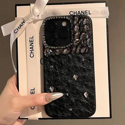 Luxury Black Blue Rhinestone PU Leather Phone Protective Case for iPhone 15 Pro Max 14 13 12 11 Couple Phone Back Cover