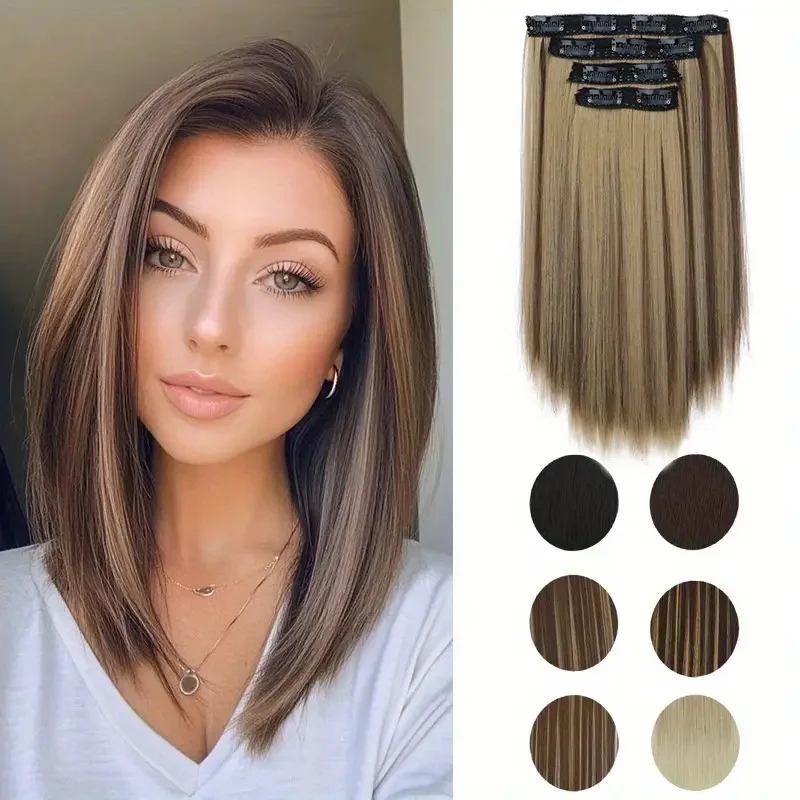 

4Pcs/Set Synthetic Hair Extension Black Brown Blonde Long Straight Hairpiece Heat Resistant Fiber for Women Hairstyle