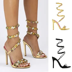 2025 new stiletto sexy small round toe satin rhinestone heel sandals heels rhinestone high heel sandals heels