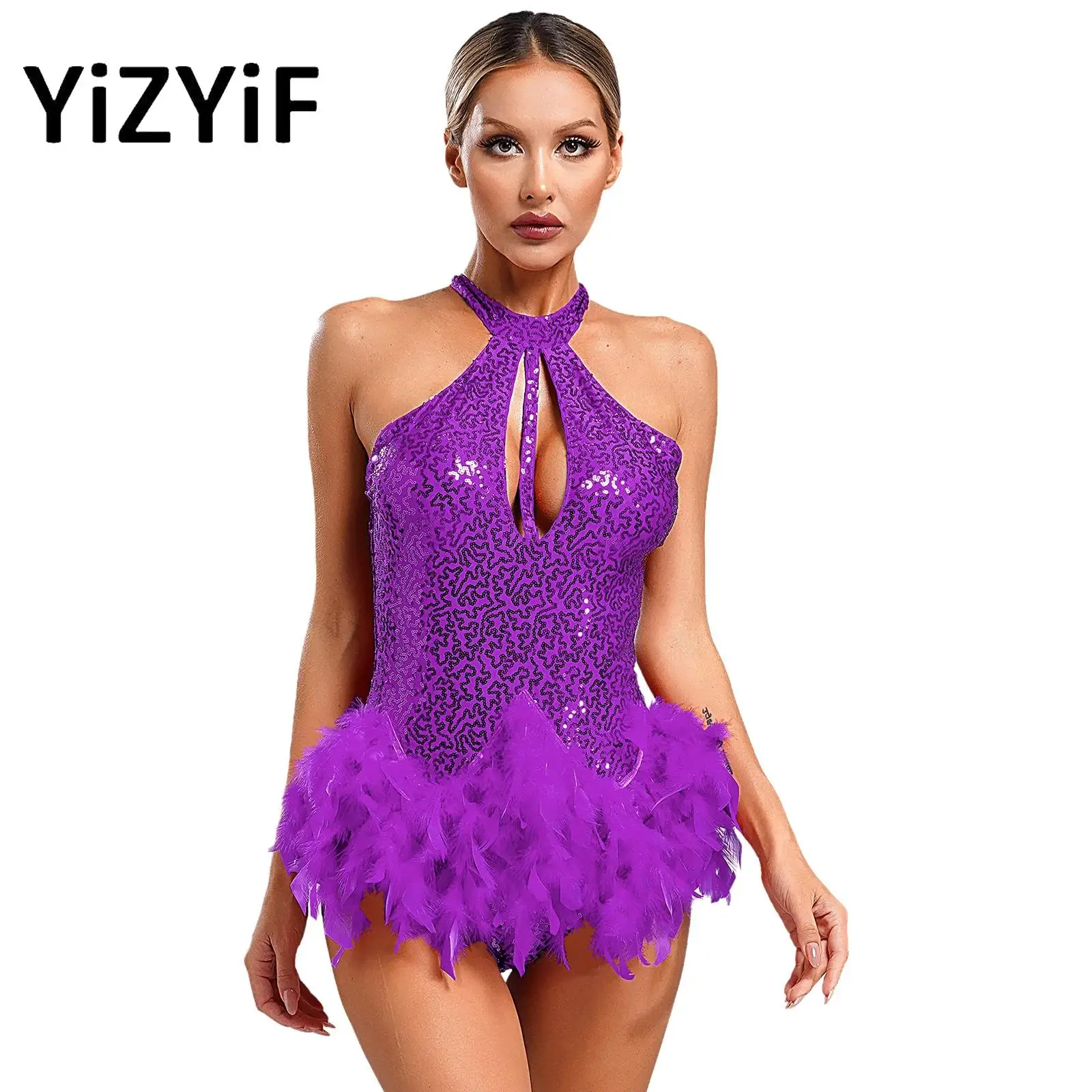 

Womens Sequins Dance Leotard Halter Sleeveless Backless Keyhole Front Glittery Feather Stage Performance Dancewear