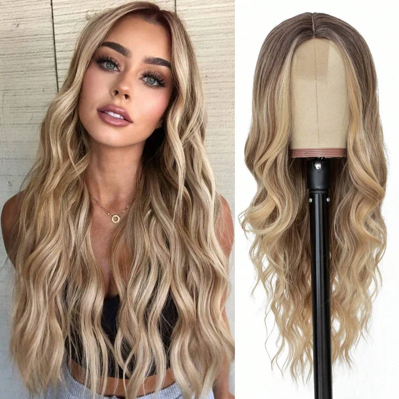 Front lace wig for women, black long curly hair, synthetic high-temperature fiber, semi-hand-woven headpiece