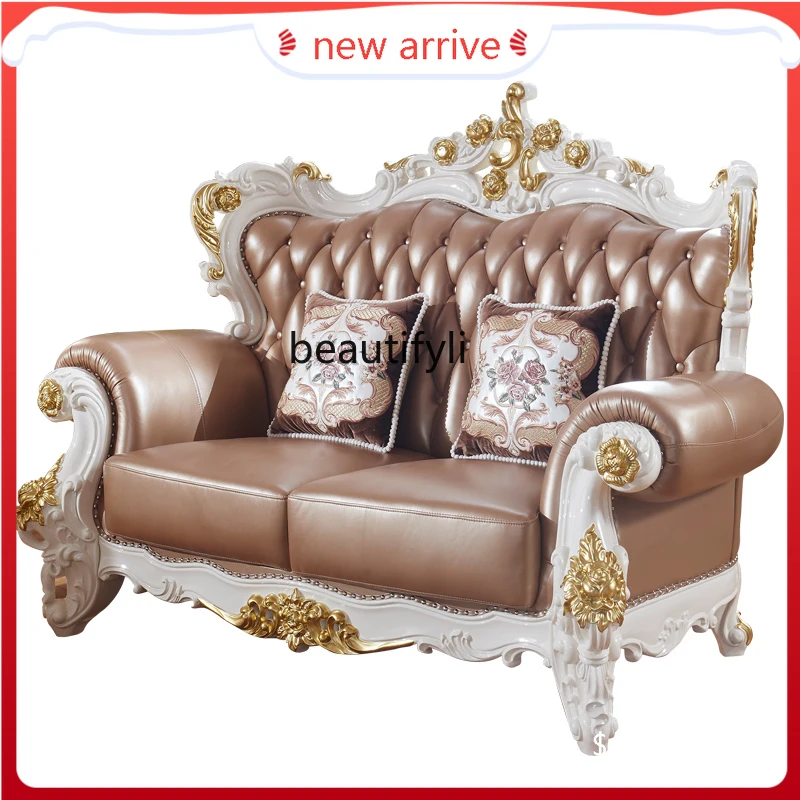 

S132 European sofa full solid wood carving flower first layer cowhide sofa American living room 123L combination sofa