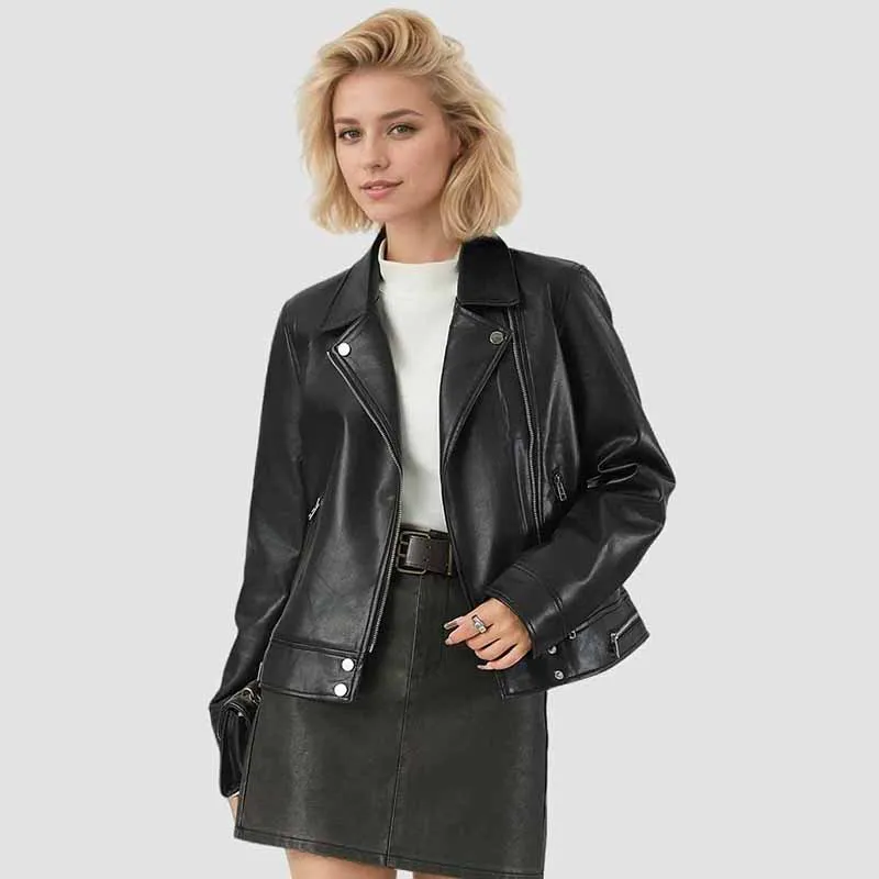 Women  Black Leather Jacket Vintage Zipper Turndown Collar Motorcycle Short Chic Faux Leather Coat Autumn New