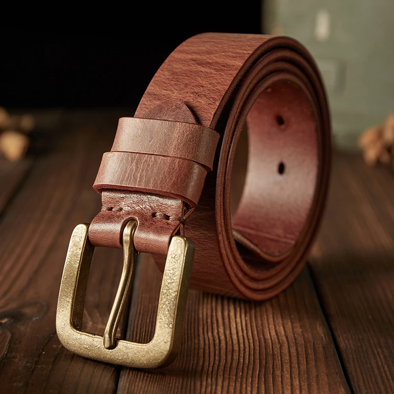 Genuine Leather Pants Belt Men Copper Pin Buckle Handmade Vintage Full Grain Cowhide Leather Strap Casual Clothing Accessories