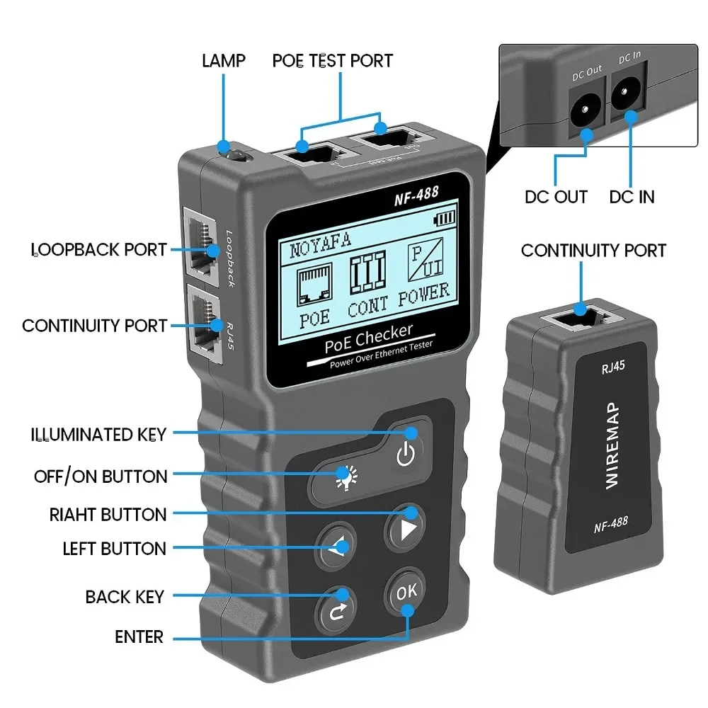 

NOYAFA NF-488 LCD Network Tester PoE Checker Ethernet Cat5 Cat6 LAN Cable Loop Test Tool