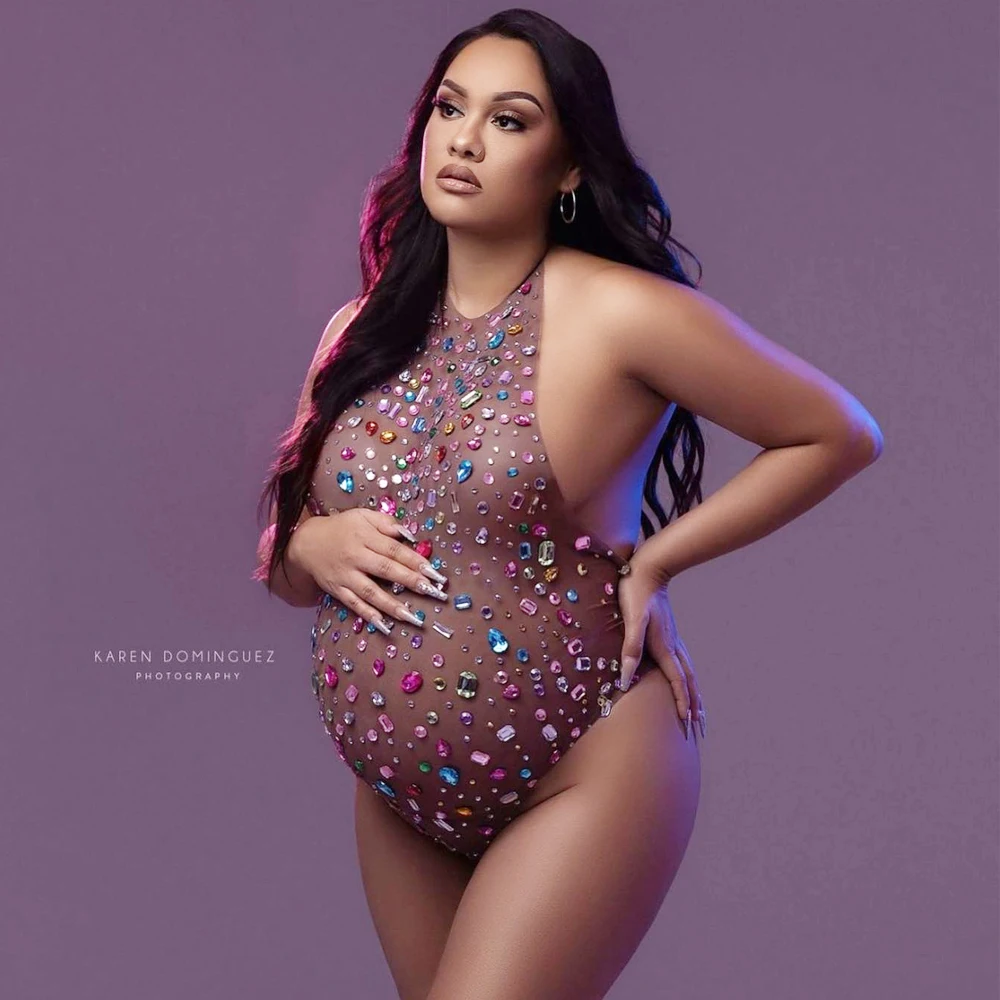 Sexy Maternity Bodysuit Photography Props Goddess Shiny Rhinestone Pregnancy Dress Photo Shoot Accessories Pregnant Clothes