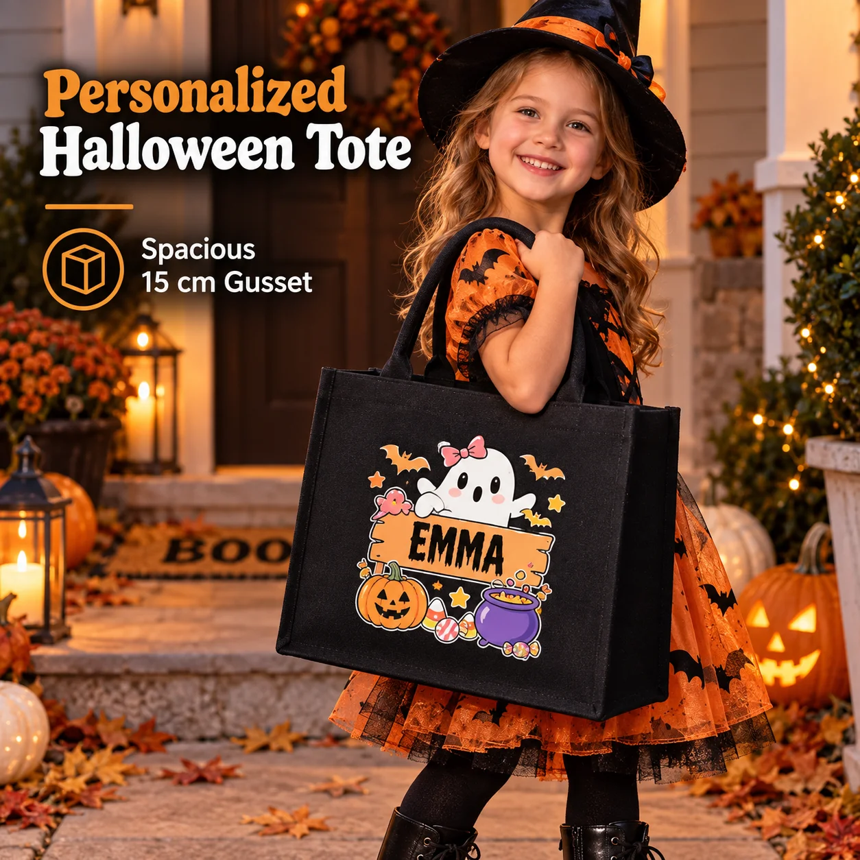 Personalized 10pcs Halloween Canvas Tote Bag Custom Name Black Trick Or Treat Candy Carrier For Kids Party Favor Halloween Gift