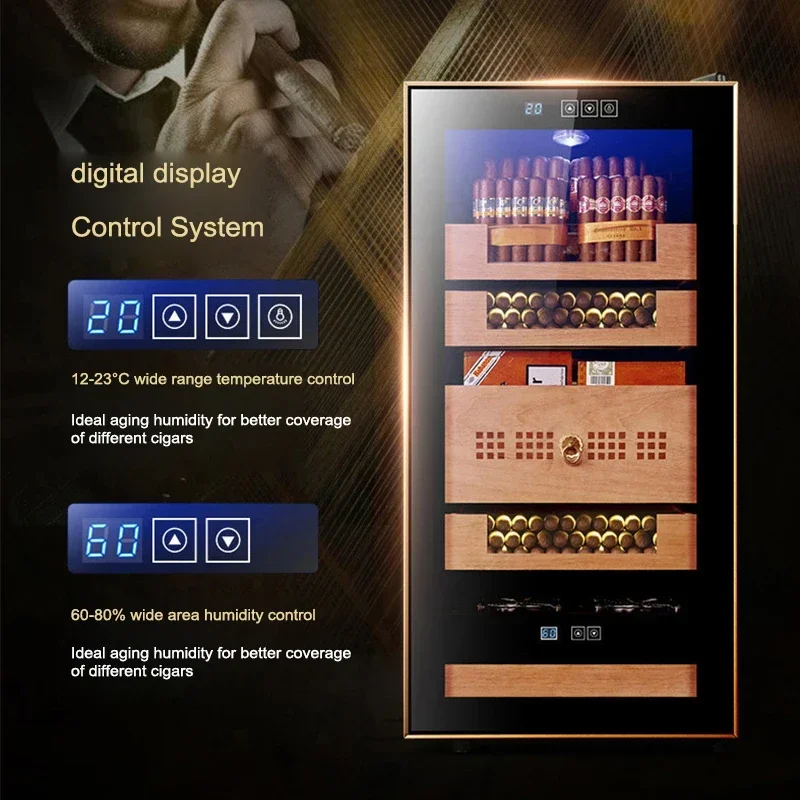 Nuevo Gabinete para cigarros con temperatura constante, humedad, estante de capa de madera de cedro, Enfriador de aire electrónico, congelador, oro rosa