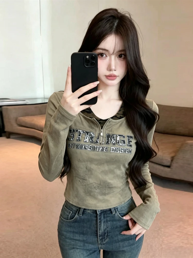 Sexy American Hot Girl Letter Print Color Block Long Sleeve T-Shirt Slim Fit Versatile Top for Women Autumn Wear Casual Style