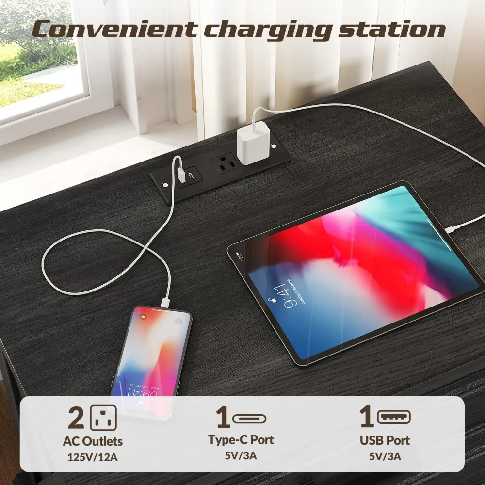 منضدة مزرعة بعرض 24 بوصة مع قاعدة شحن، منضدة رمادية داكنة مع 3 أدراج كبيرة، طاولة نهاية خشبية ريفية لـ B #3