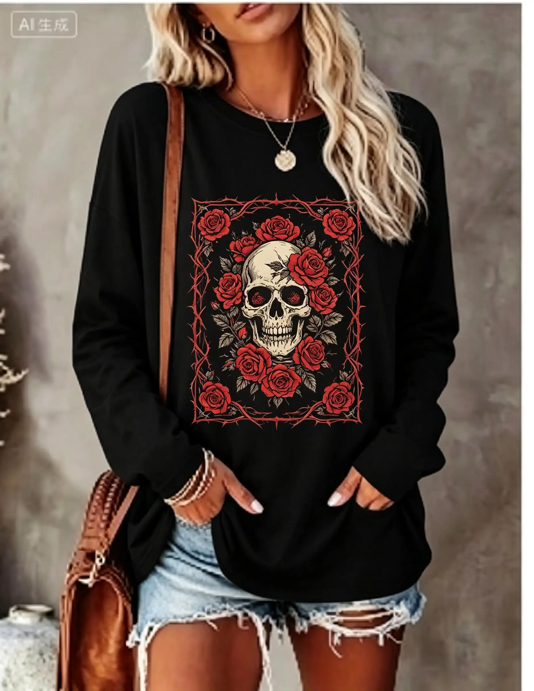 Women Long Sleeve T‑Shirt Skull Red Rose Vintage Frame Gothic Print Crew Neck Casual Daily Tops