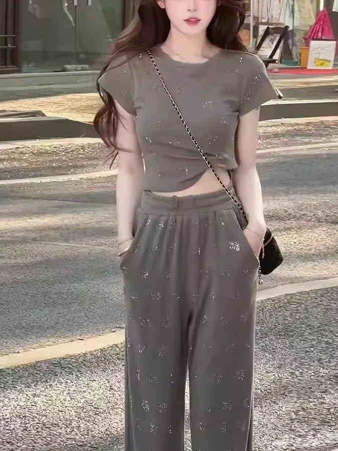 Summer 2026 Fashion Slimming round Neck Short Sleeve Wide Leg Pants Two Piece Set Women's Stylish Commute Style High Waist Lo...