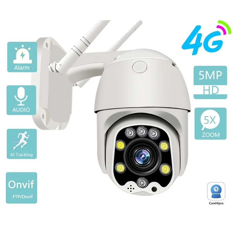 새로운 IP 1080P 5MP 4G SIM 카드 CCTV, GSM 양방향 오디오, 2MP 무선 보안 총알 카메라, 금속 CamHi 