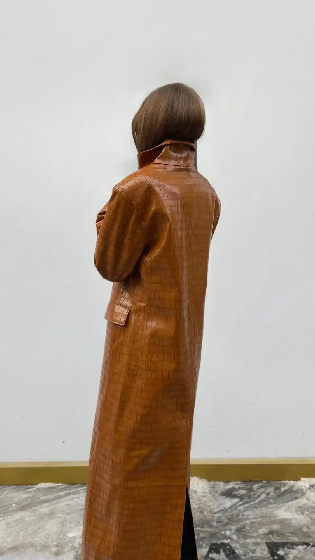 Solid Croc Embossed Faux Leather Long Trench Coat Lapel Single Breasted Straight Long Front Pockets Women Vintage Autumn Winter