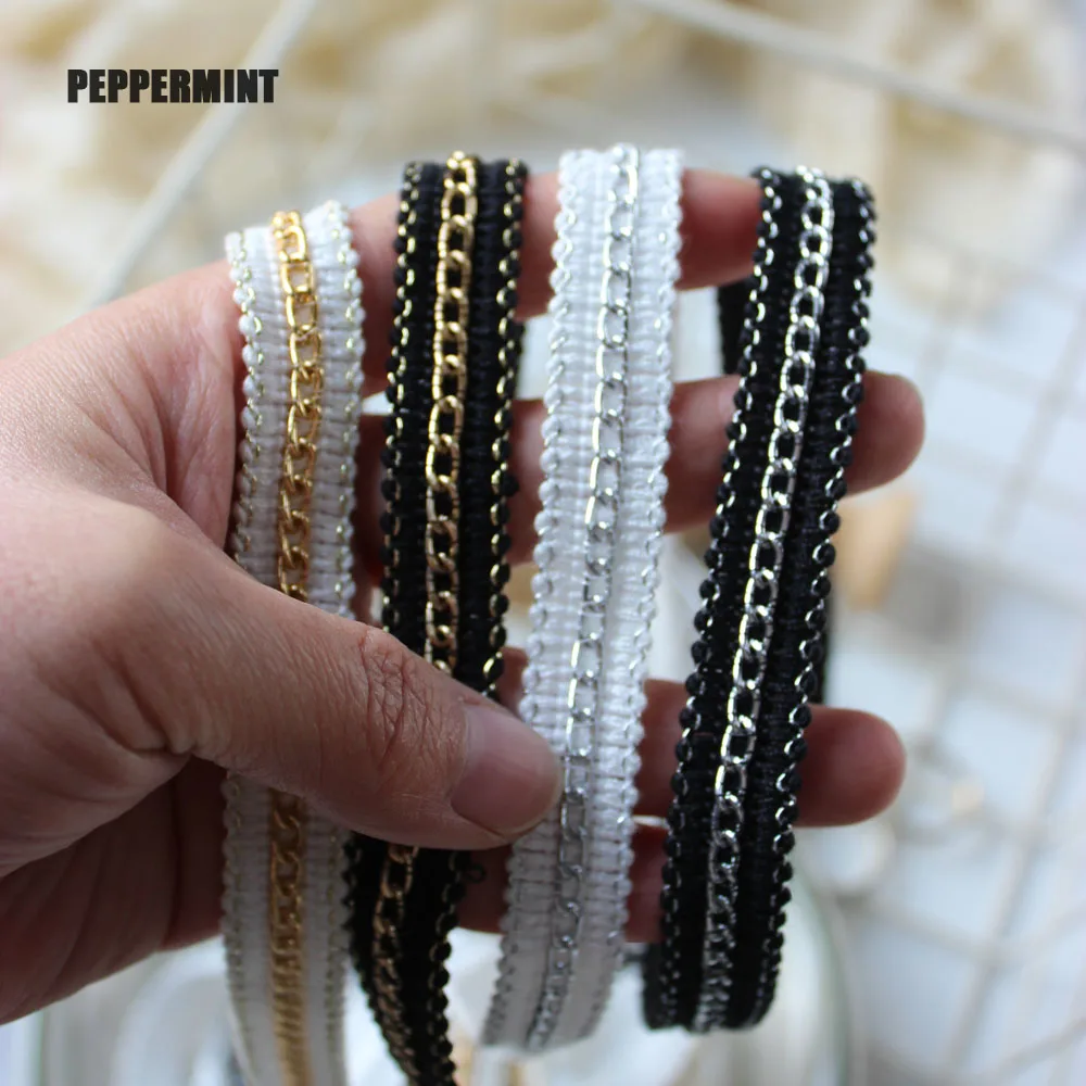 1Yard 1.6cm Classic Chain Trim Golden Silver Metal Lace Black White RibbonTrim Clothing Handmade Sewing Accessory