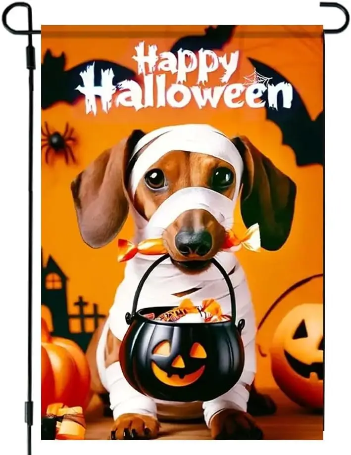 Happy Halloween Garden Flag 12x18 Inch Double Sided, Burlap Mummy Dachshund Dog Garden Flags Halloween Decorations Outdoor L WWP