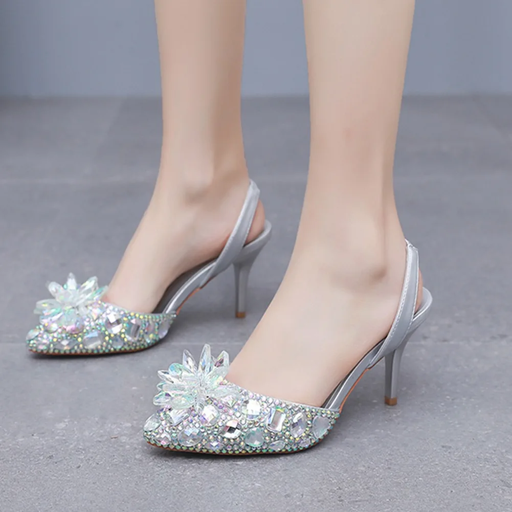 

Summer Women Pumps Sandals Fashion Leather Water Diamond Glass Flower Wedding PU 7.5 CM Thin Heels Camouflage Woman Shoe