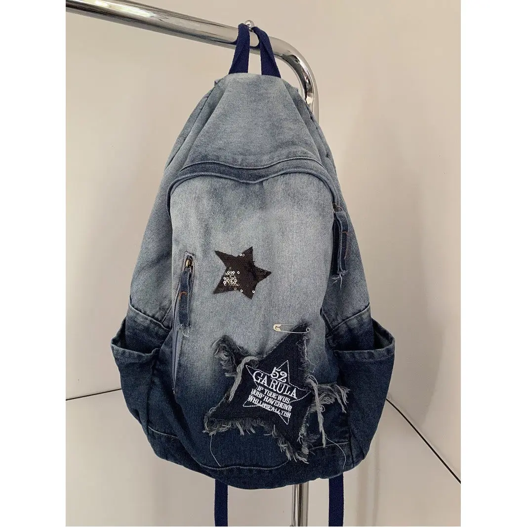 Y2K Korean Casual Denim Backpack Fashion Star Pattern Large Capacity Student Schoolbag Teenagers Vintage Punk Travel Book Bag