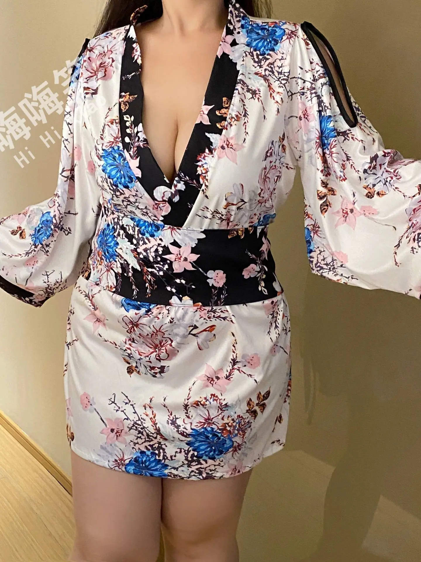 Big size 200 pounds girl sexy V-neck printing bandage LOOSE comfort Japanese kimono bathrobe clothes long sleeve party dress VS9