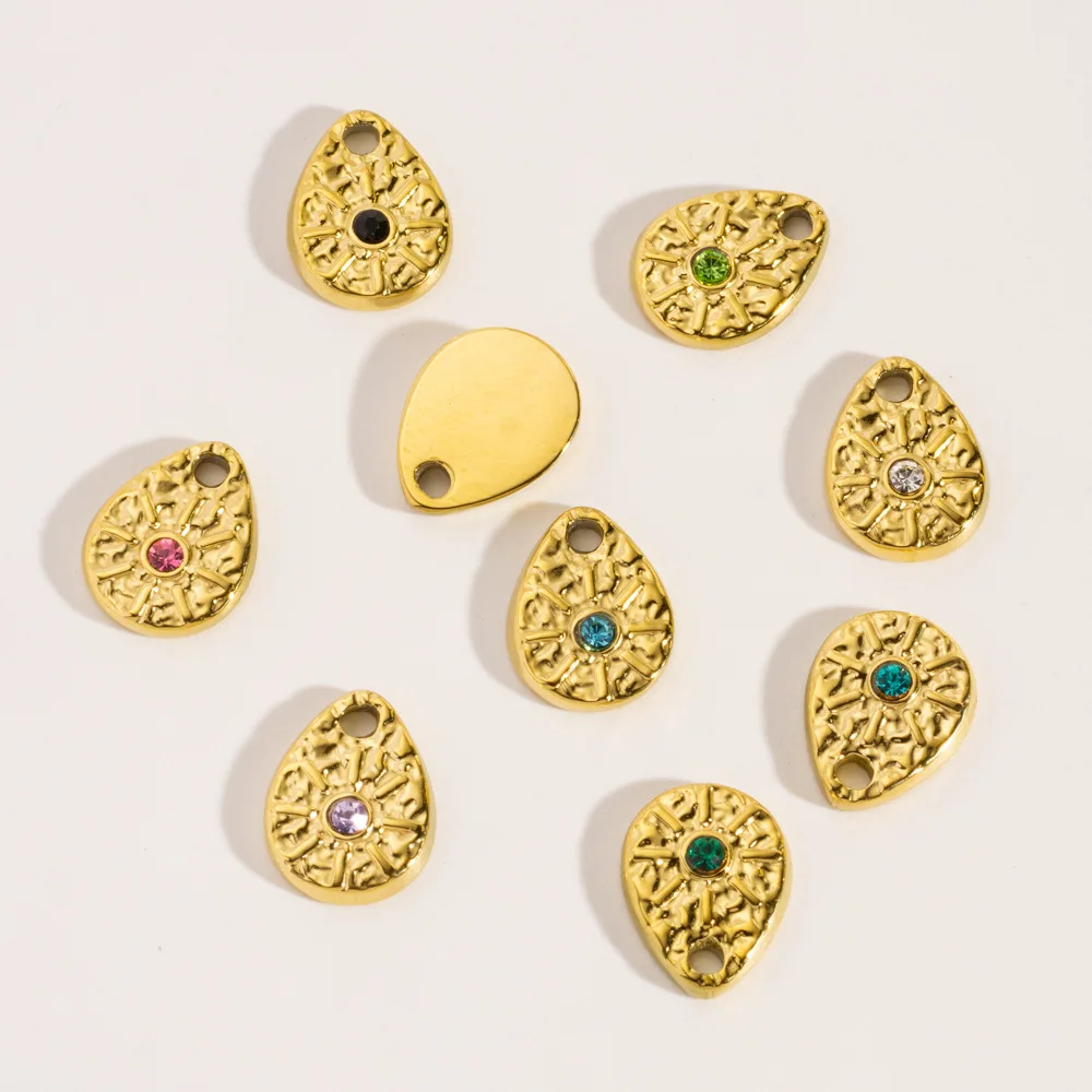 2Pcs Stainless Steel Hammered Texture Droplet Style Colored Zircon Charms Fine Polishing Pendant DIY Jewelry Accessories