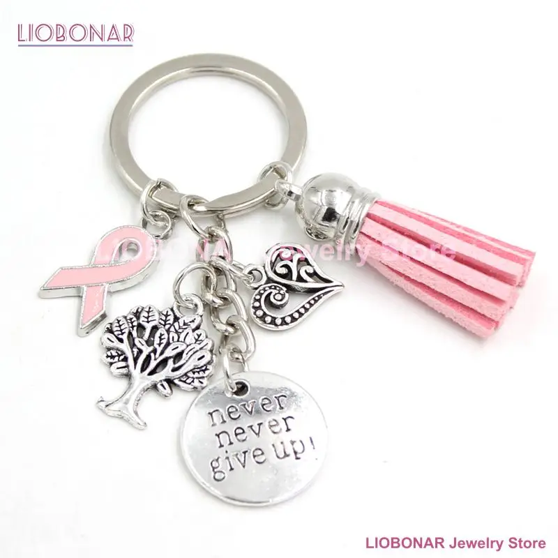 New Arrival Breast Cancer Awareness Pink Ribbon Tassel Keychains Keyring Heart Life Tree Never Give Up Charms Key Chain Jewelry