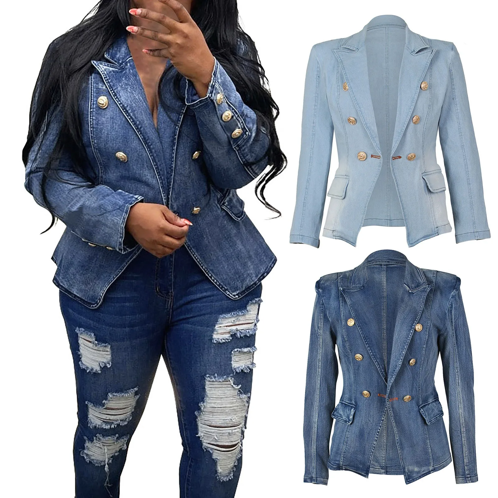 Women's Slim Fit Denim Tailored Double Breasted Pockets Jeans Jacket