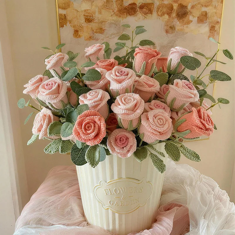 

Artificial Flower Handmade Crochet Yarn Rose Indoor Outdoor Garden Valentine's Wedding Bridal Bouquet Home Room DIY Gift