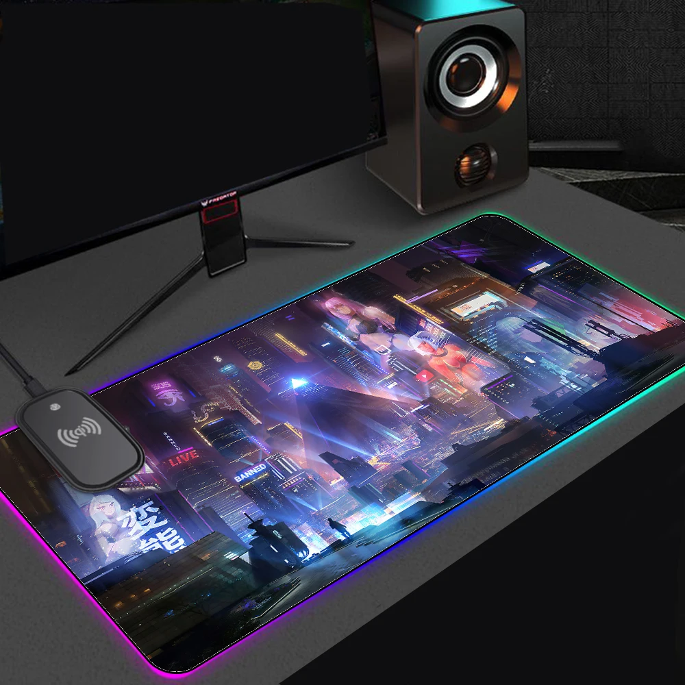 

RGB Wireless Charging Mouse Pad Scifi City Lights Desk Accessories Night Buildings Full Gamer Pc Laptop Computer Rug Table Mat