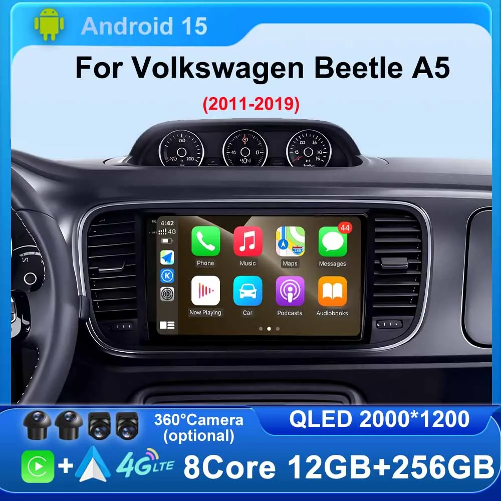 Android 15 Carplay Auto Car Radio for Volkswagen Beetle A5 2011-2019 GPS Multimedia Video Player WIFI 4G BT Stereo Audio