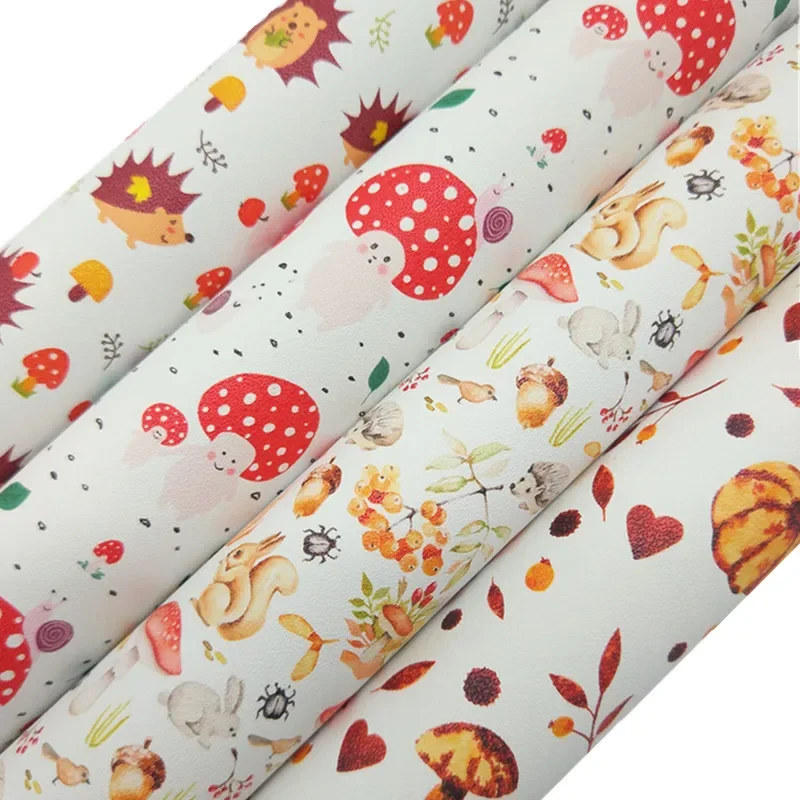 Amonglitter Mushrooms Pumpkins Printed Synthetic Leather, Faux Leather Fabric Sheets for DIY Bows Bags 21x29cm A4 siz MB422