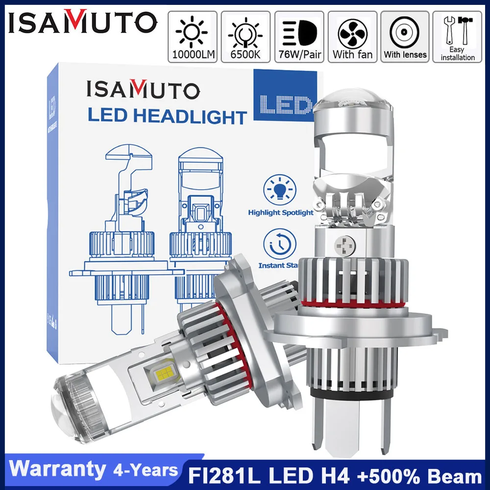 

ISAMUTO FI281L LED H4 9003 HB2 P43t Headlight With MINI Lens 9-60V 76W 6500K 10000LM White Car Bulb +500% Brightness (Pair)