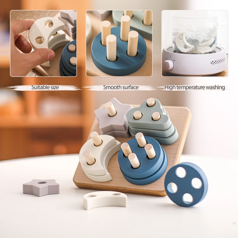 Wooden Geometric Shapes Montessori Baby Starry Sky Shapes Learning Creative Jigsaw Silicone Stacking Block Toys Educational Game