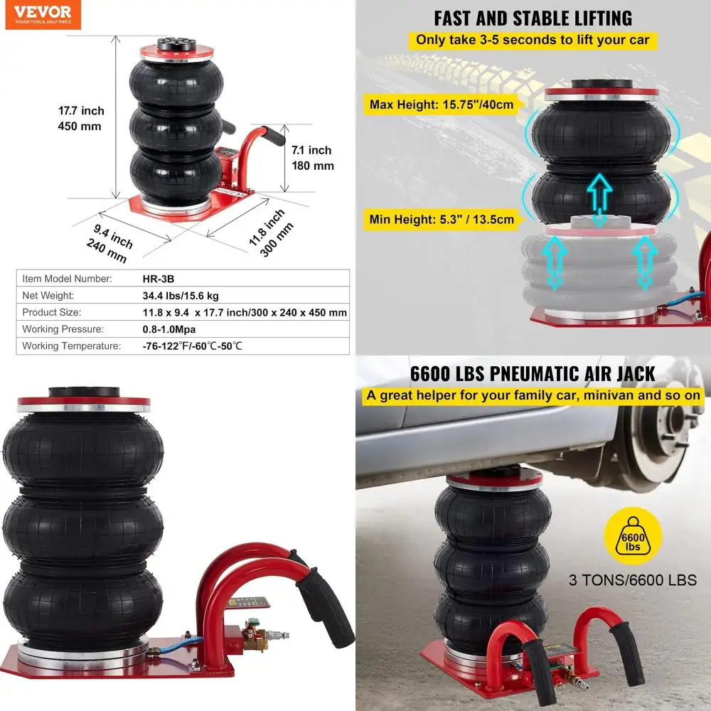 

3-Ton Triple Bag Air Jack, Fast Lifting up to 15.75 for Cars with Compact Handle (Red)