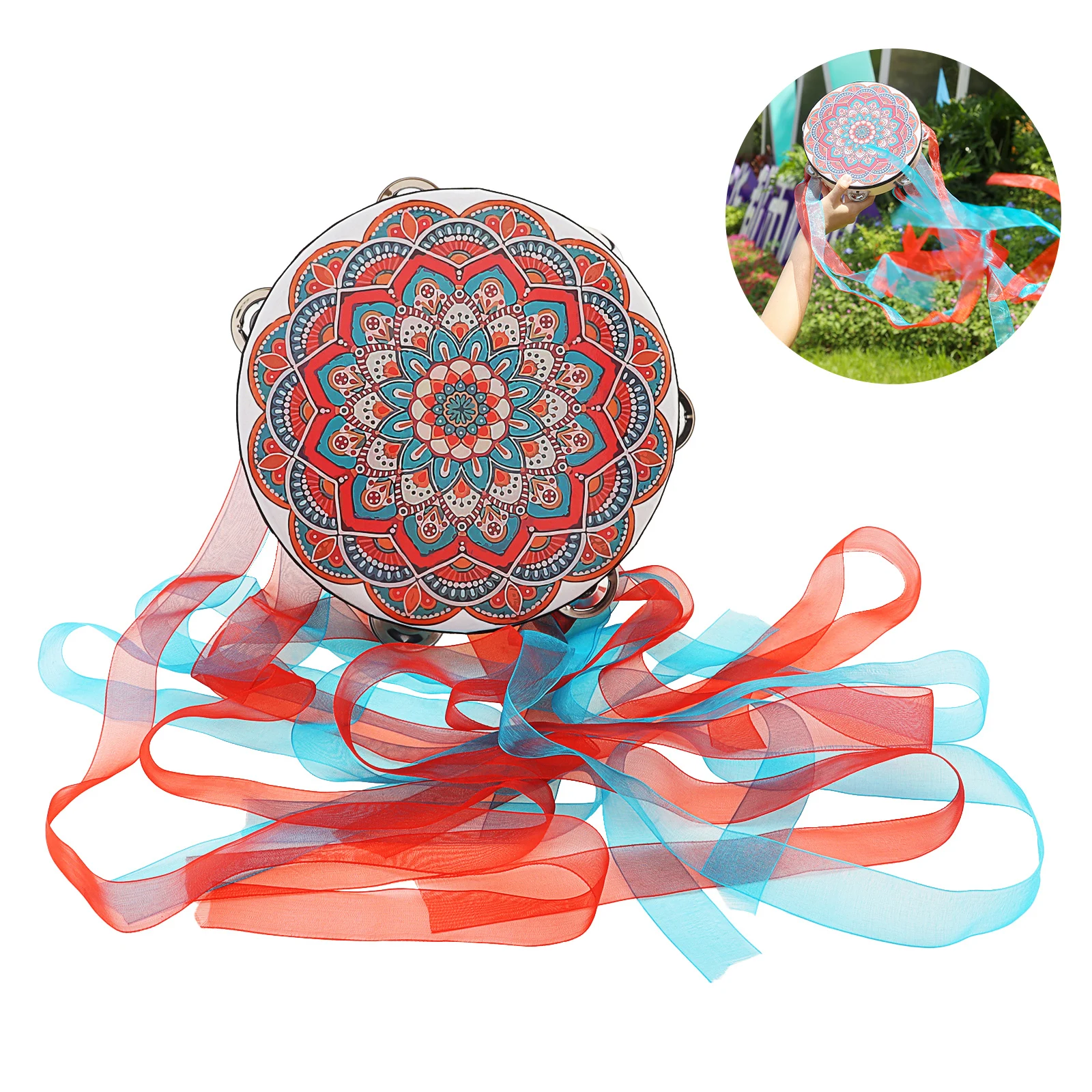 8 Inch Single Row Jingles Flowers Pattern Ribbon Tambourine for Arty Music Dance Stage Shows with Colorful Ribbons
