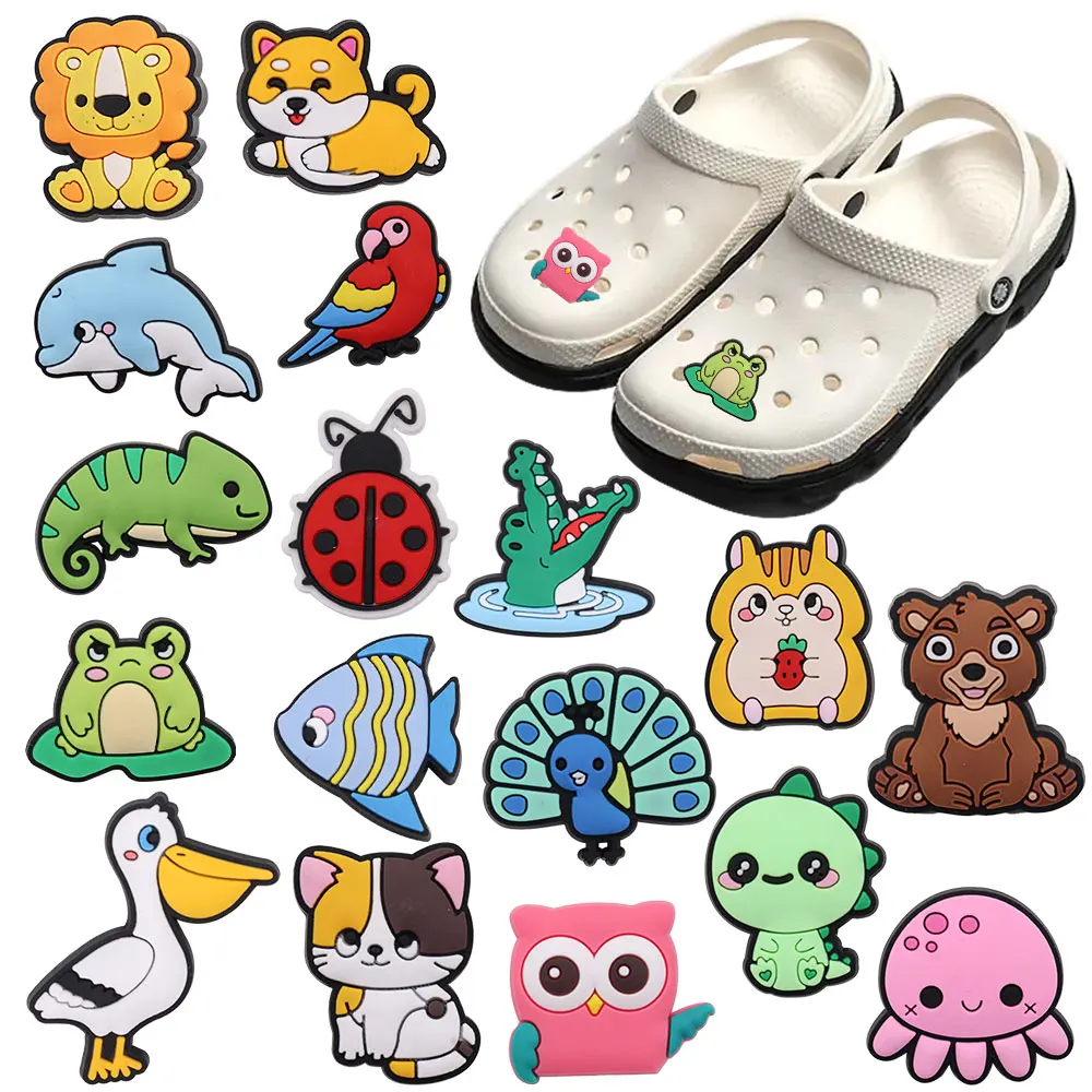 Neuankömmling 1 stücke PVC Cartoon Schuh Charms Pfau Katze Papagei Fisch Sandalen Dekoration Zubehör für Clog Pin Kid Party Weihnachts geschenk