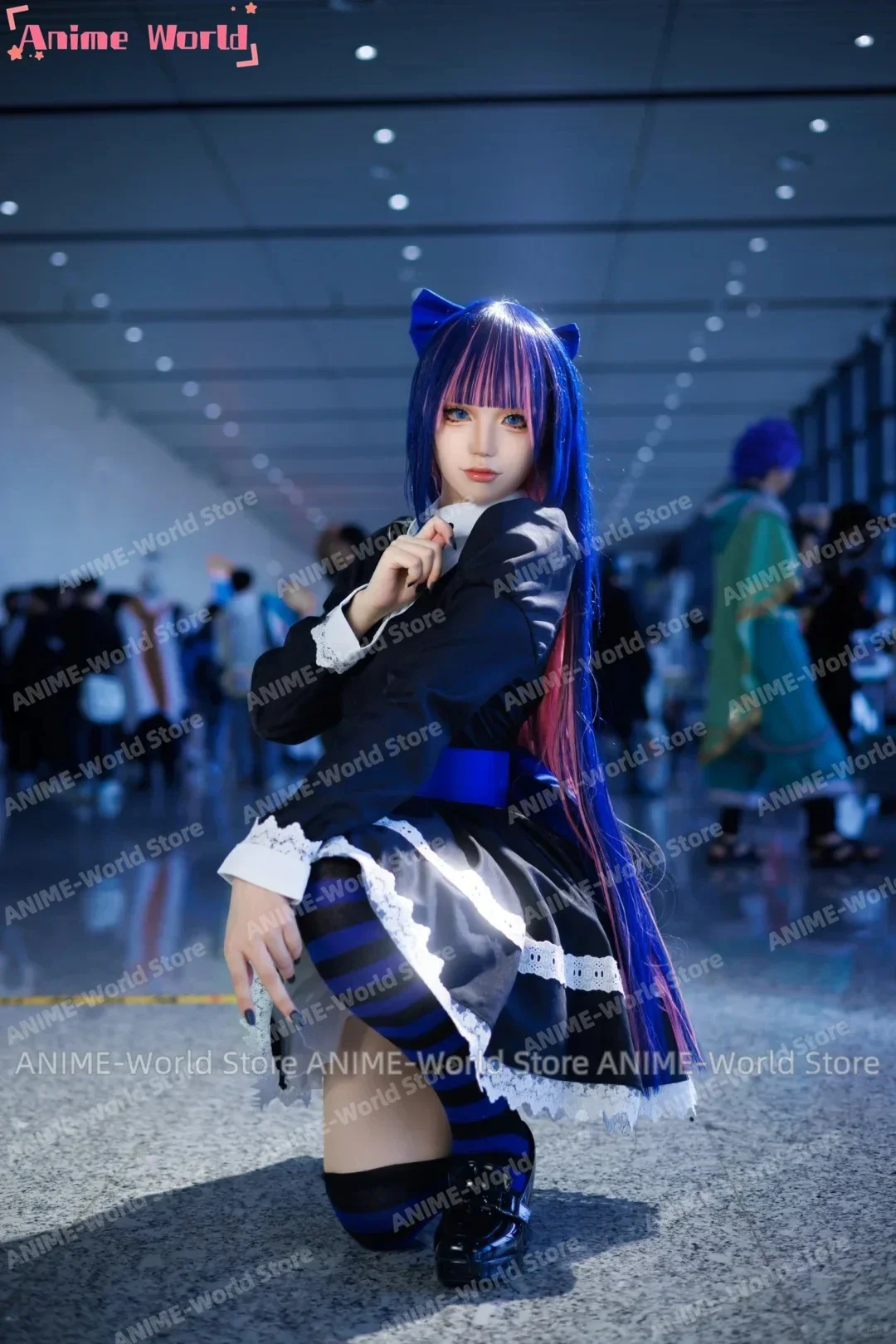 《Custom Size》Anime Panty & Stocking Garterbelt Heroine Anarchy Stocking Cosplay Black Dress Costume Stockings Wig Plush Prop view 4